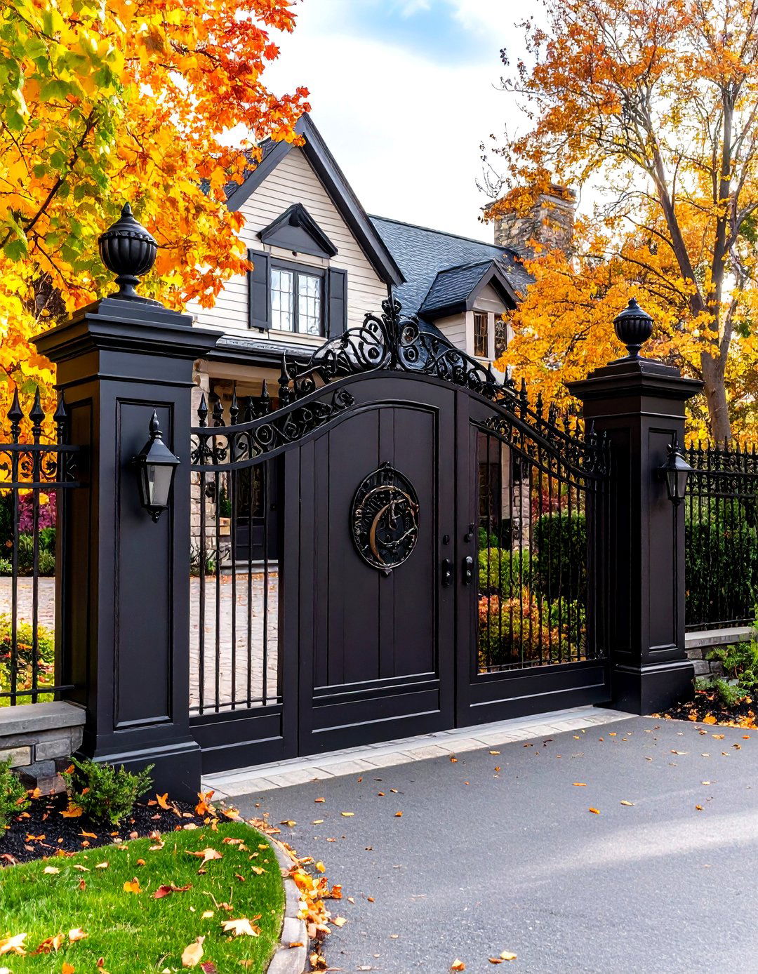 Wrought Iron Fence with Ornate Driveway Gate - 30 front yard fence ideas with driveway