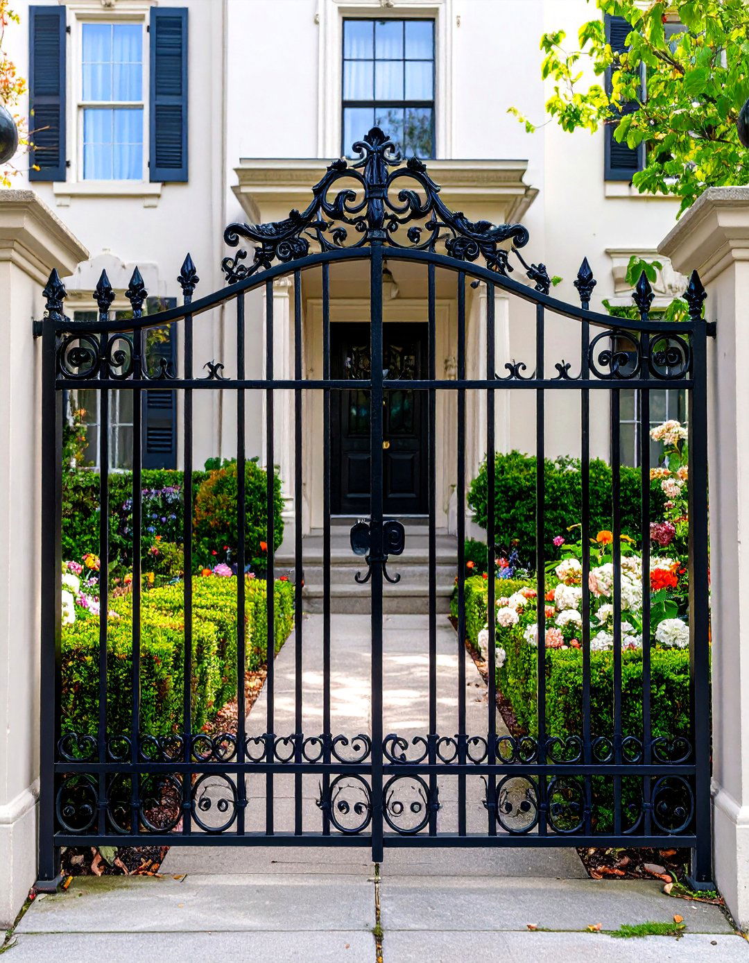 Wrought Iron Fence with Ornate Scrollwork Gate - 30 front yard fence ideas with gate