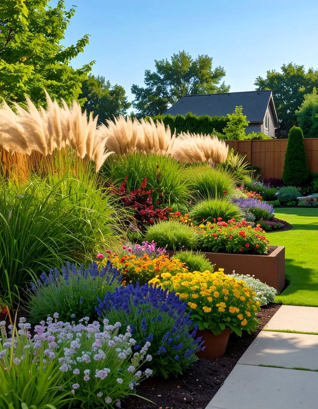 Yard Landscaping with Layered Garden Beds - 30 yard landscaping ideas