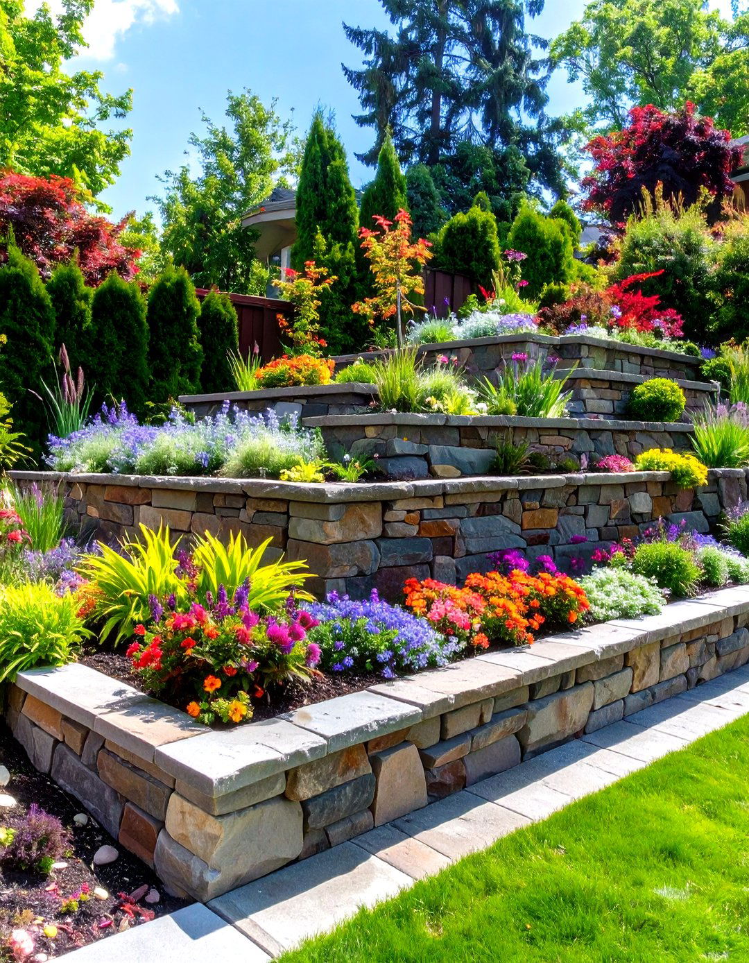 Yard Landscaping with Tiered Retaining Walls - 30 yard landscaping ideas