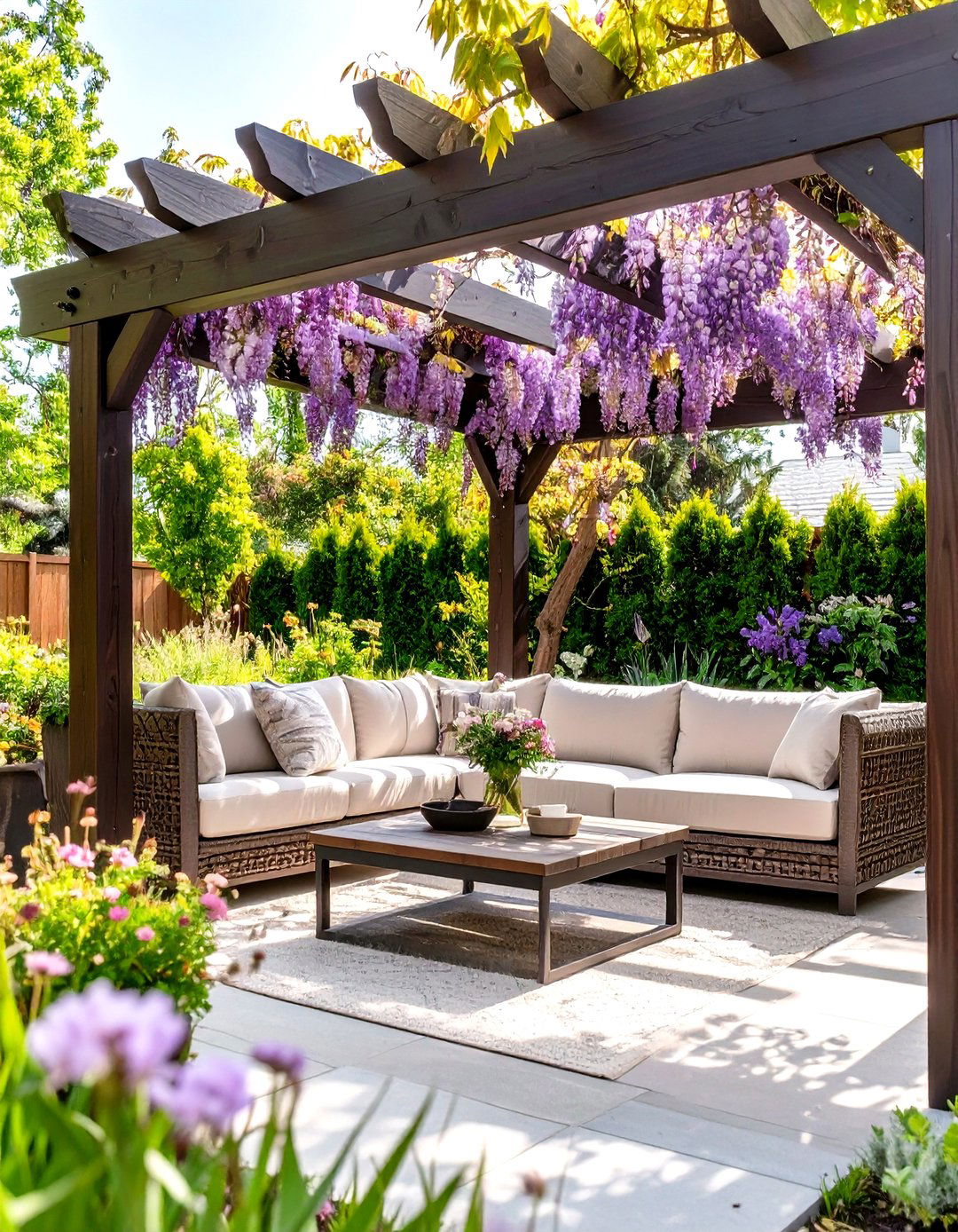 Yard Landscaping with a Shaded Pergola Seating Area - 30 yard landscaping ideas