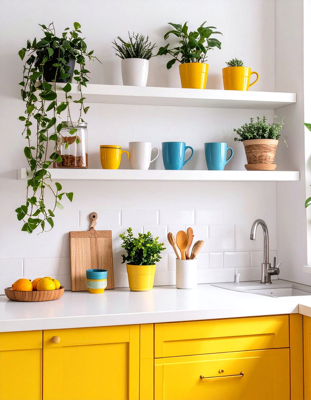Yellow Lower Cabinets with White Upper Shelving - 30 two tone kitchen cabinet ideas