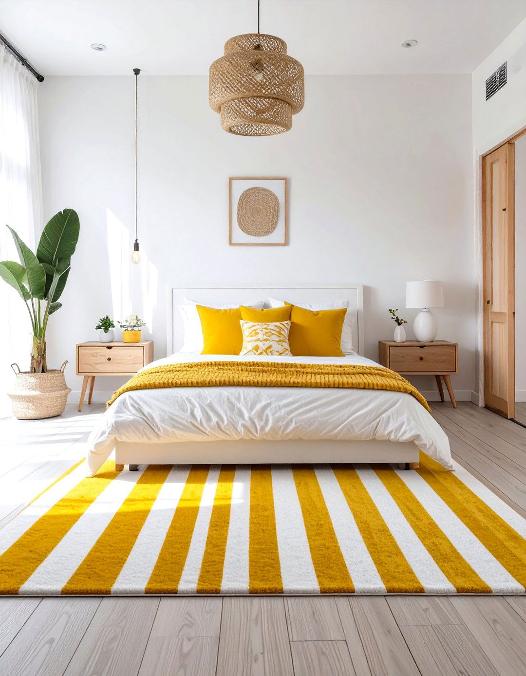 Yellow and White Striped Rug - 30 yellow bedroom ideas