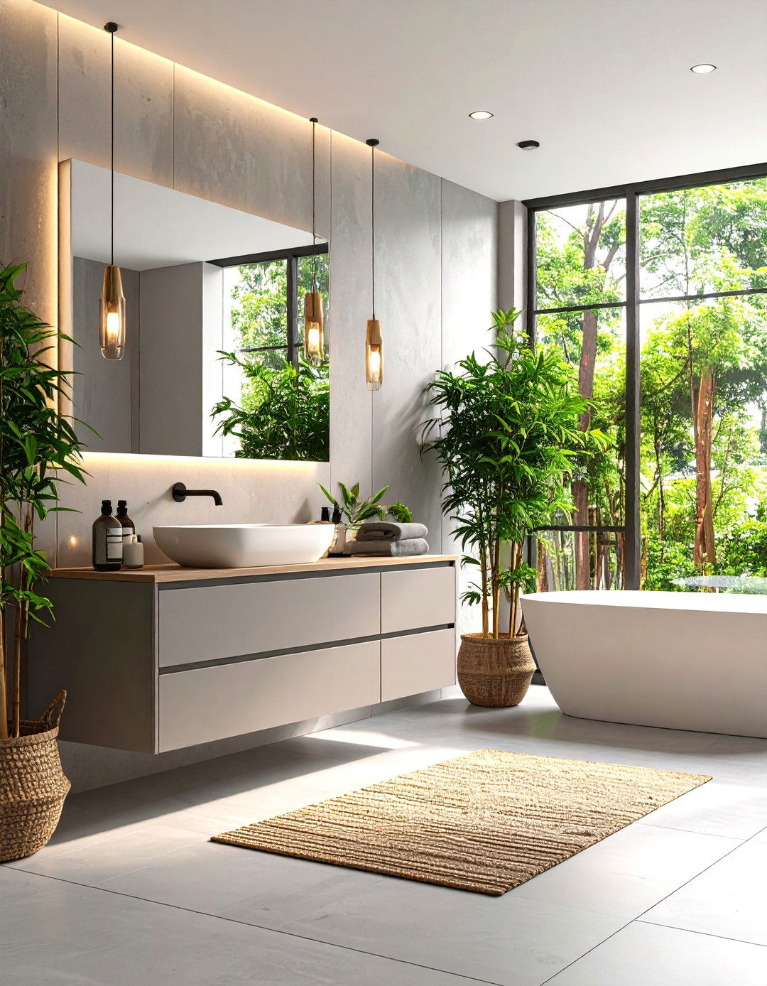 Zen Bathroom with a Minimalist Grey Vanity - 30 light grey vanity bathroom ideas