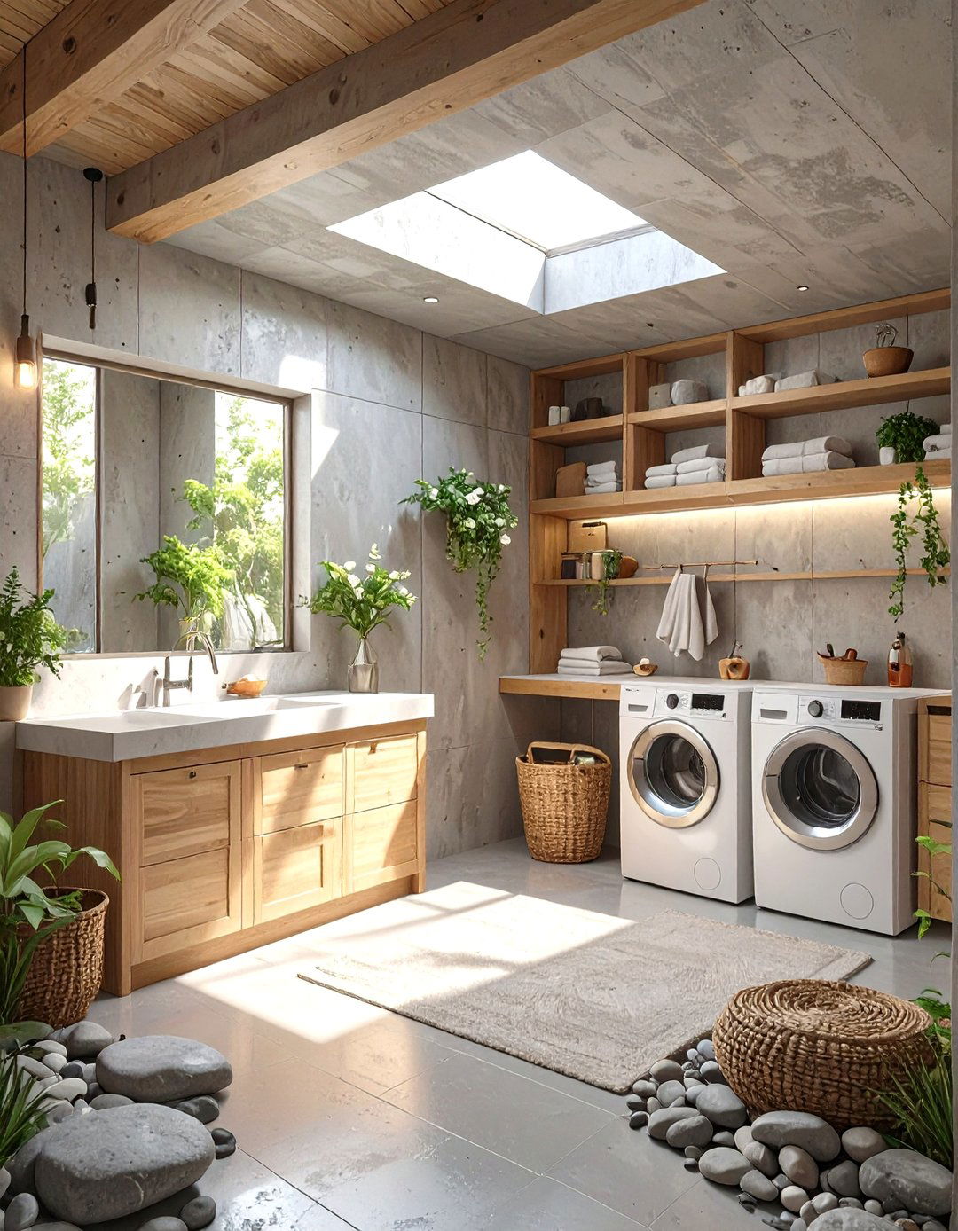 Zen Garden Inspired Basement Laundry Room - 30 concrete basement laundry room ideas