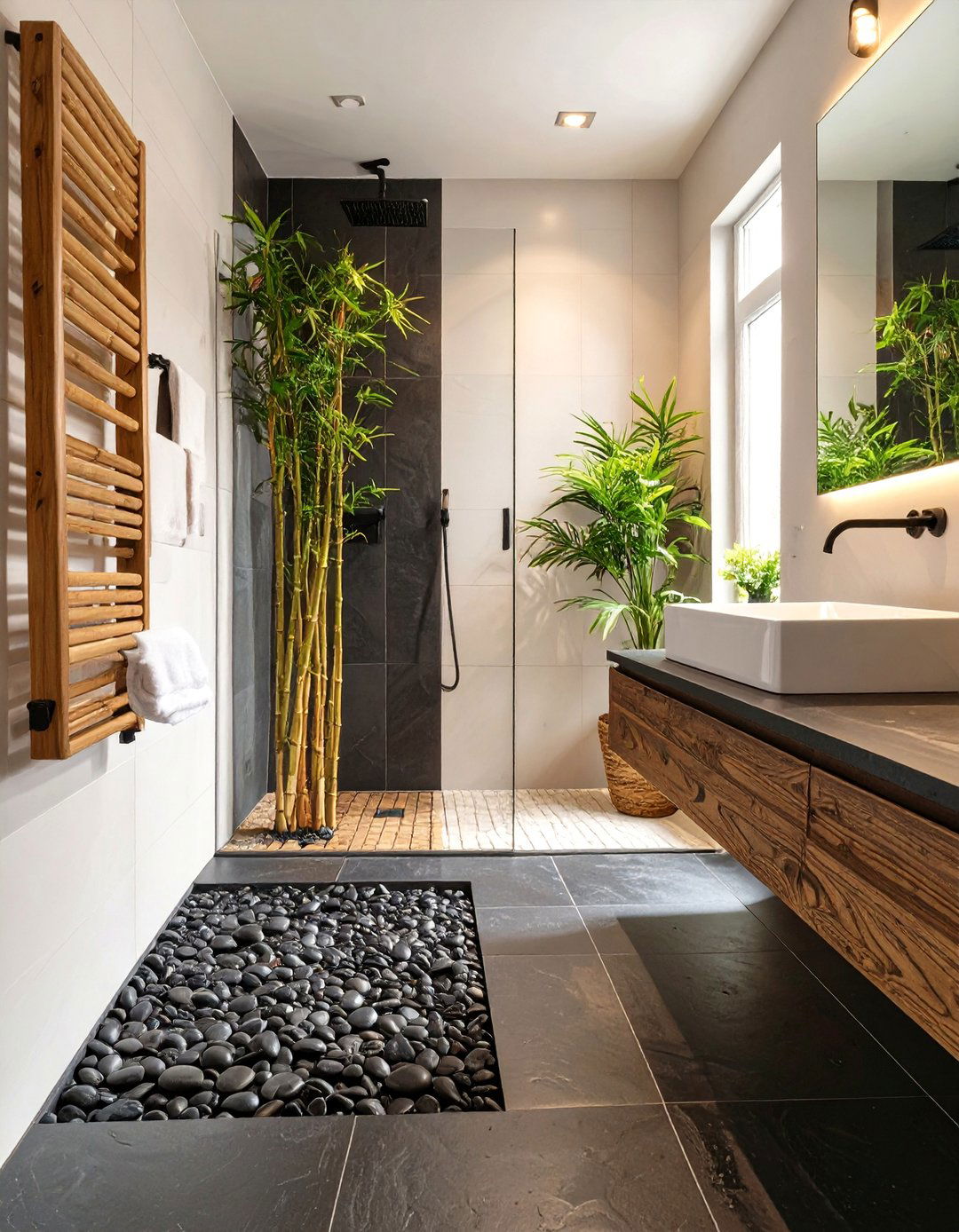 Zen Inspired Bathroom with Pebble Tiles - 30 black and white bathroom ideas