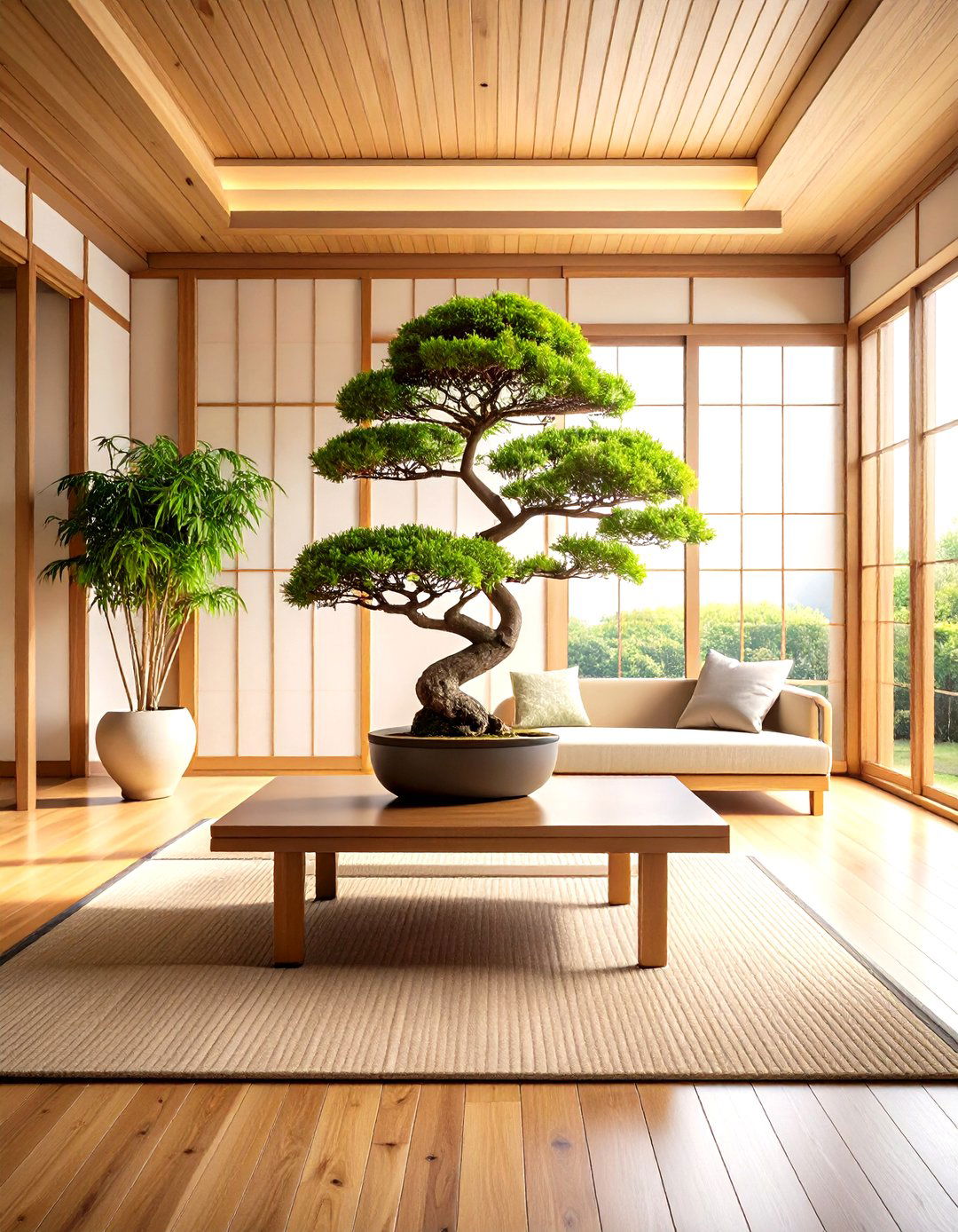 Zen Inspired Living Room with Bonsai and Bamboo - 30 living room indoor plants decoration ideas