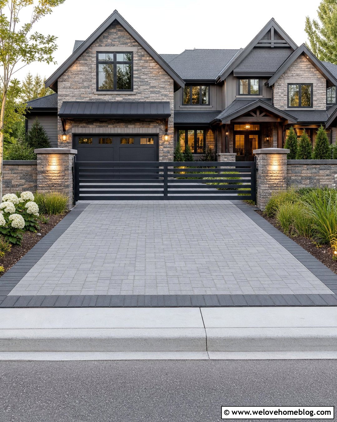 Aluminum Gate With Stacked Stone Walls - 30 Modern Gated Driveway Entrance Ideas