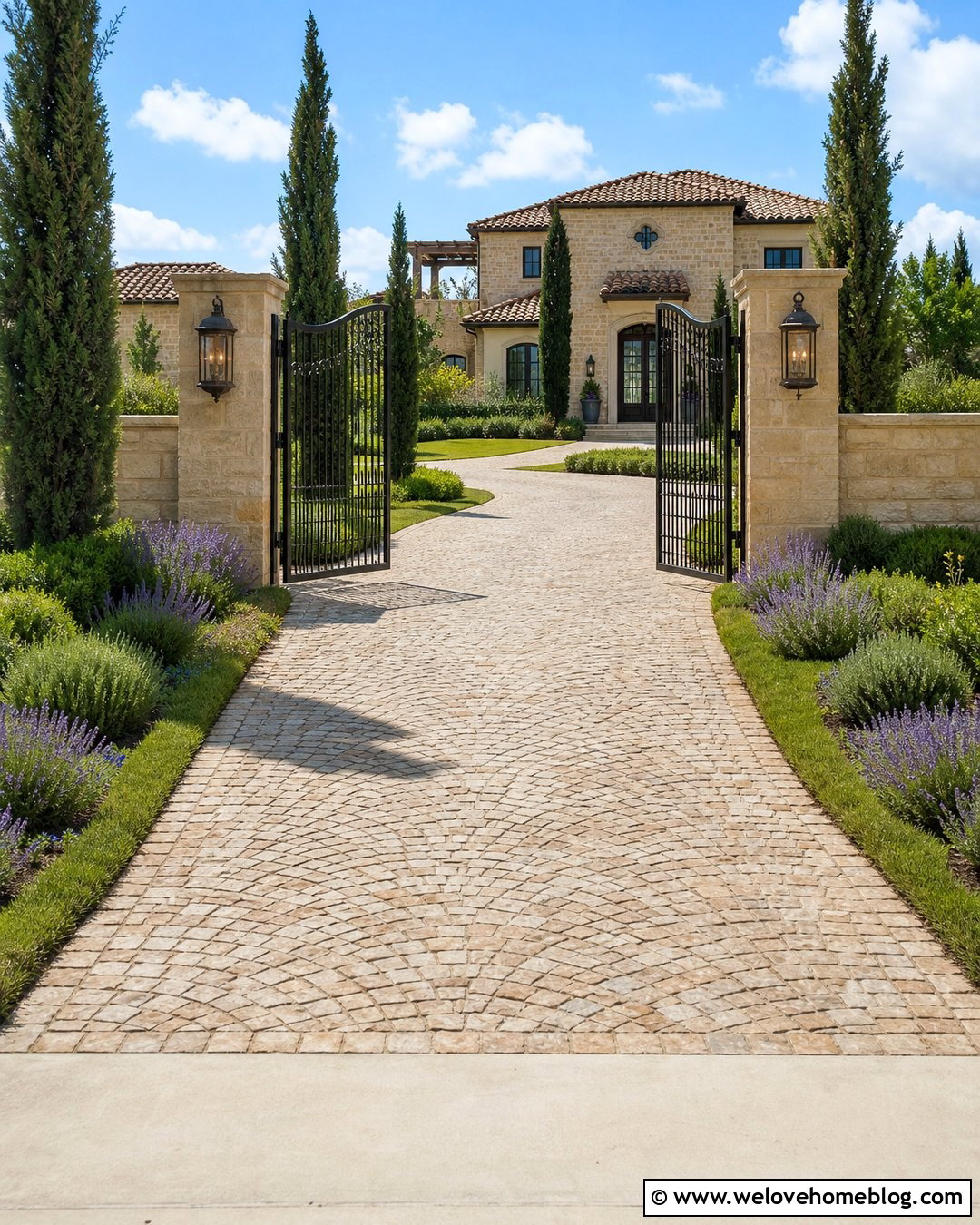 Arched Iron Driveway Gate With Limestone Pillars - 35 Front Gate Entrance Driveway Ideas