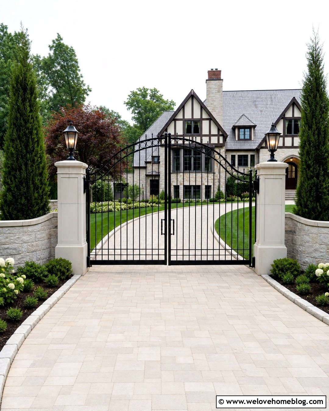 Arched Iron Driveway Gate With Tall Pillars - 20 iron driveway gates entrance ideas