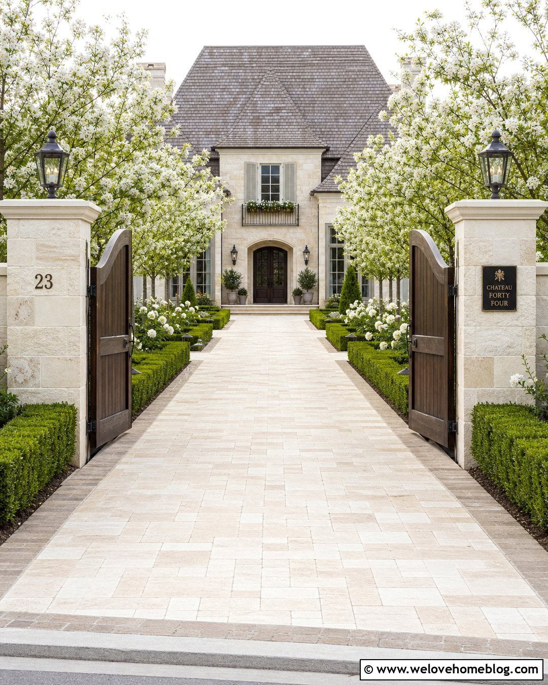 Arched Wood Driveway Gate With Limestone Pillars - 20 Driveway Gate With Stone Pillars Ideas