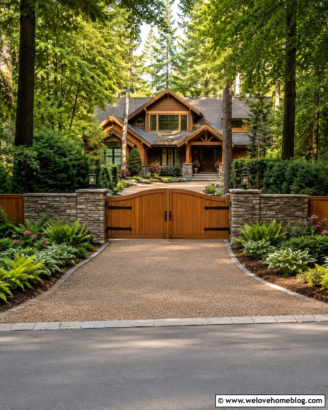 Arched Wood Gate With Stone Fence - 20 gates and fences driveway ideas