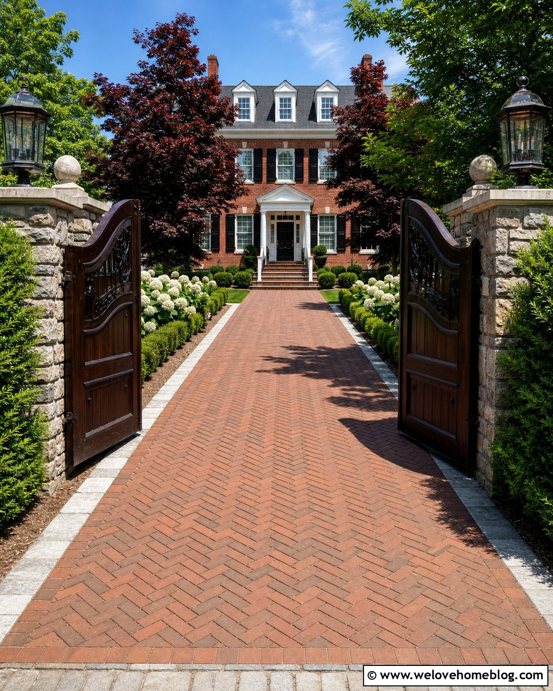 Arched Wooden Driveway Gate With Stone Pillars - 20 Wooden Driveway Gate Ideas