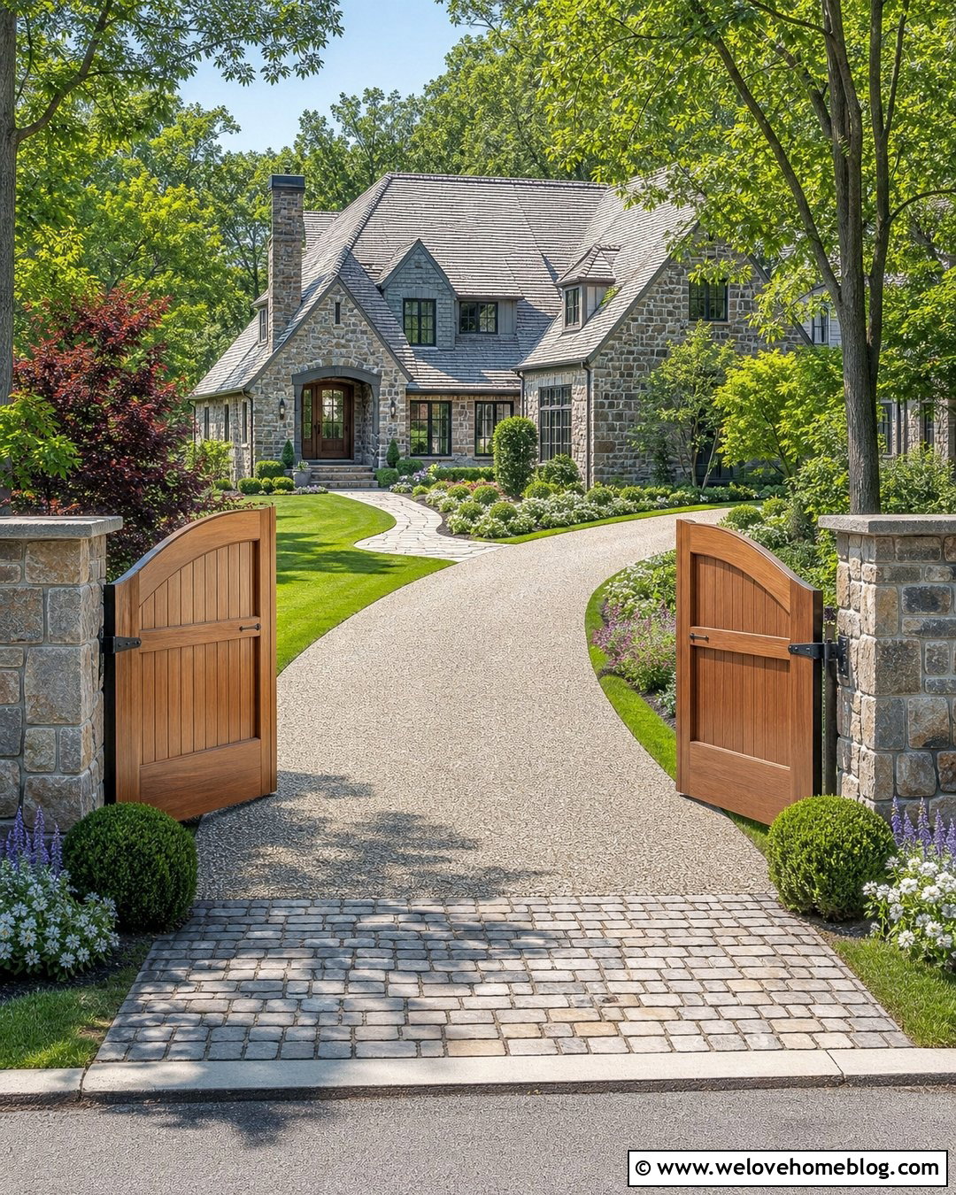 Arched Wooden Driveway Gate With Stone Pillars - 20 Wooden Driveway Gate With Automatic Opener Ideas