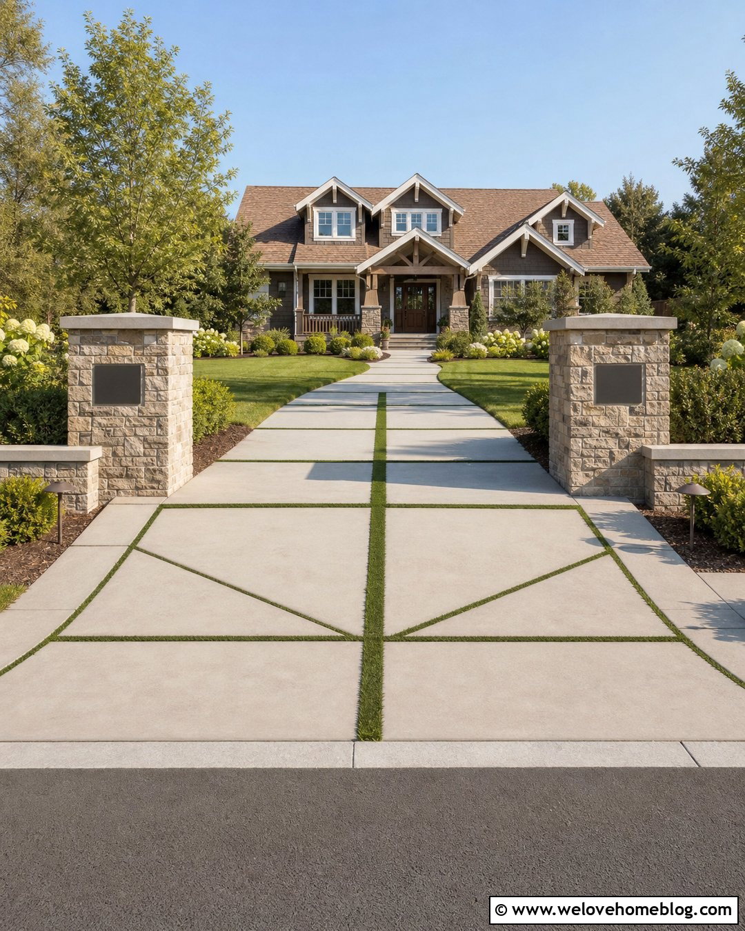 Artificial Turf Driveway With Stone Pillars - 20 Artificial Turf Driveway Ideas