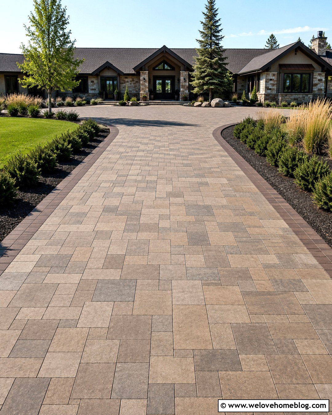Ashlar Paver Driveway With Mixed Sizes - 20 Pavered Driveway Ideas