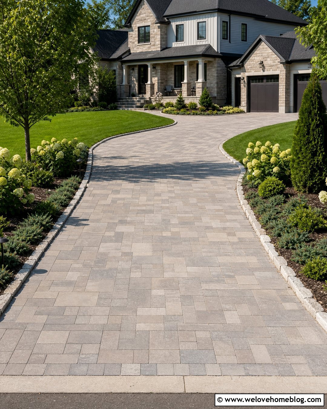 Ashlar Paver Driveway With Natural Stone Edging - 20 Paver Driveway Curb Appeal Ideas