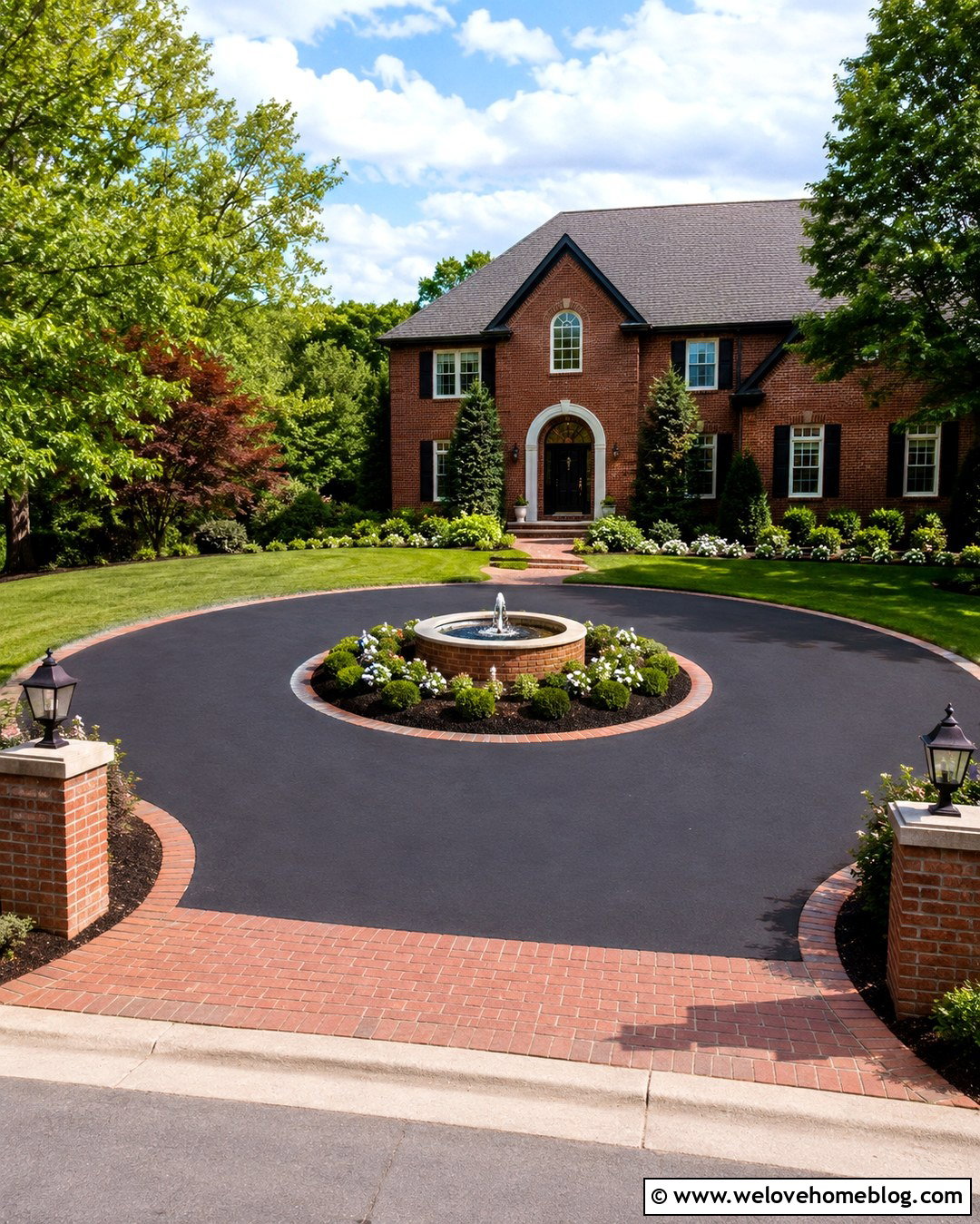 Asphalt Circle Driveway With Brick Fountain - 20 circle driveway with fountain ideas
