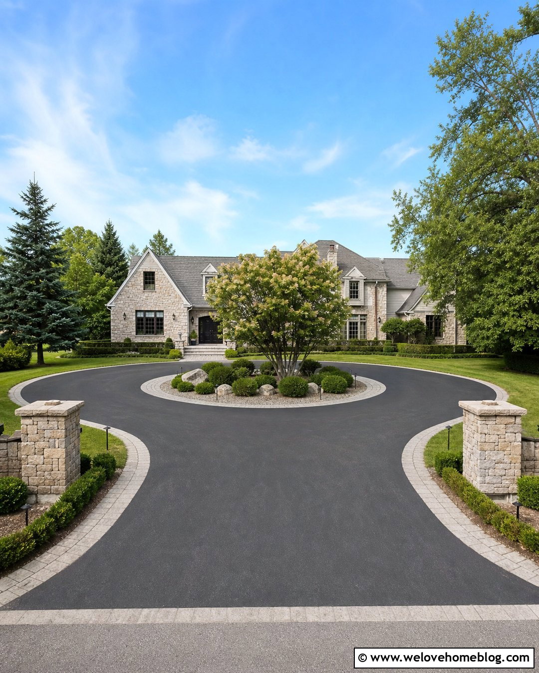 Asphalt Circle Driveway With Stone Borders - 40 Circle Driveway Front Yards Ideas
