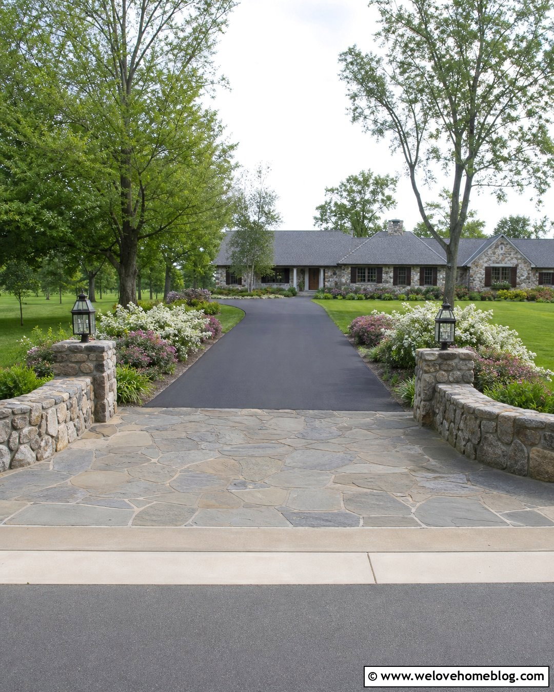 Asphalt Country Driveway Entrance With A Stone Apron - 35 Driveway Entrance Landscaping Country Ideas