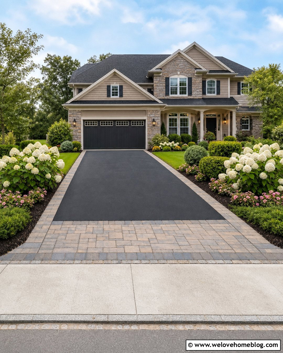 Asphalt Driveway And Paver Sidewalk With Hydrangea Beds - 20 Driveway And Sidewalk Landscaping Ideas