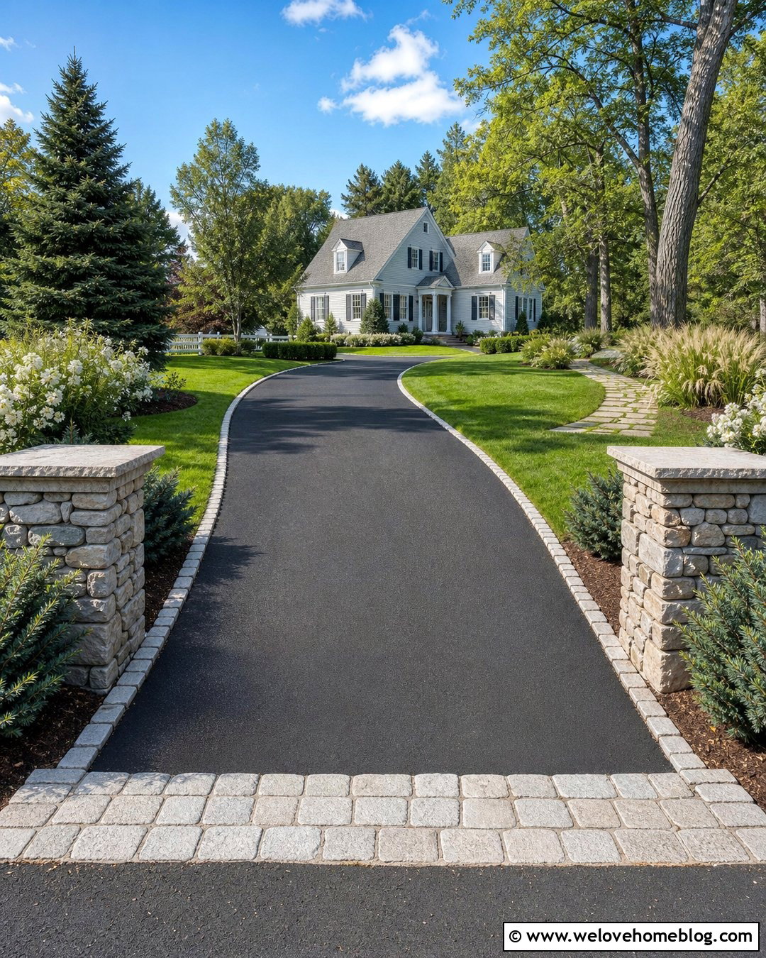 Asphalt Driveway Entryway With Stone Walls - 20 Driveway Entryway Ideas