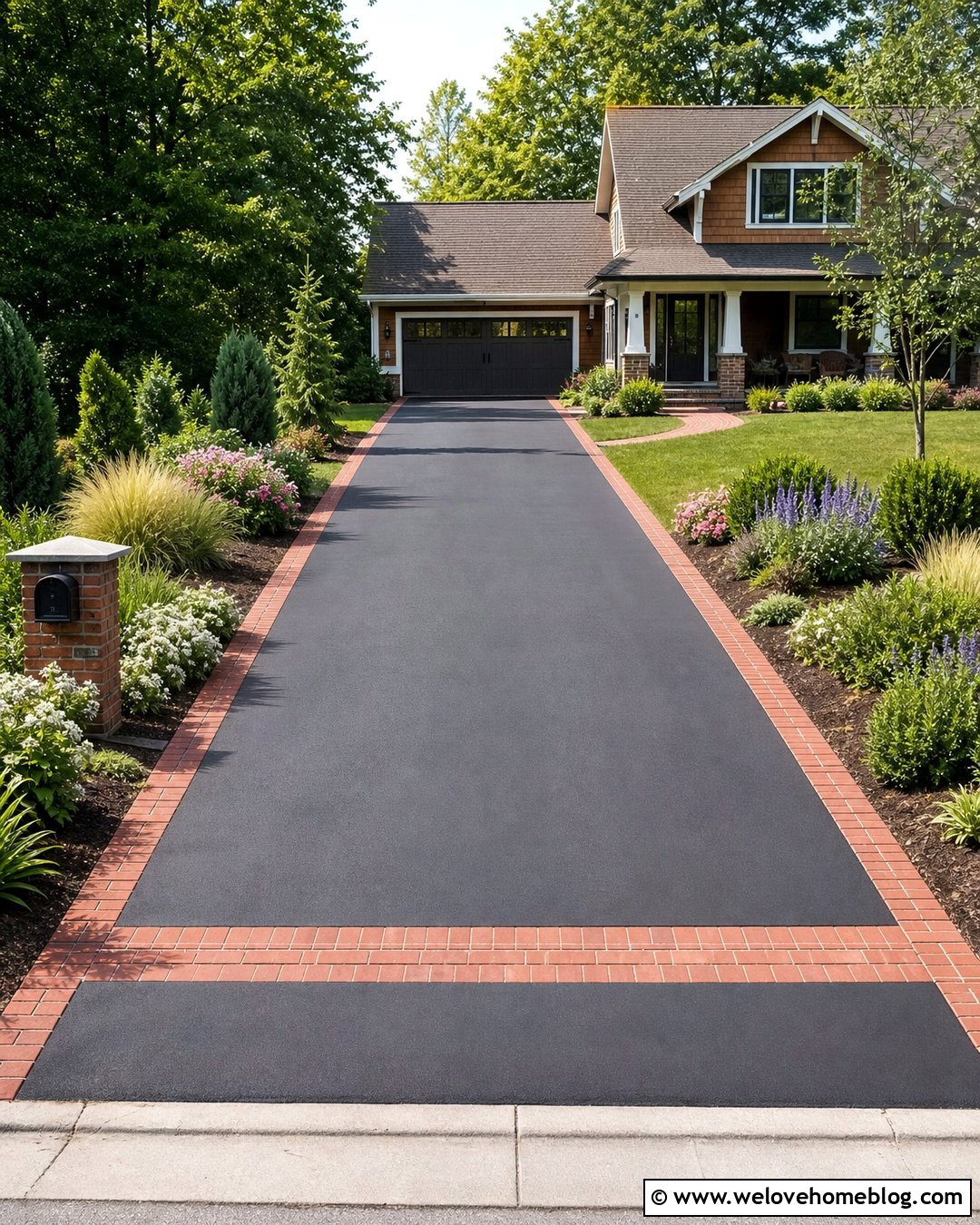 Asphalt Driveway Garden With Brick Borders - 30 Driveway Garden Ideas