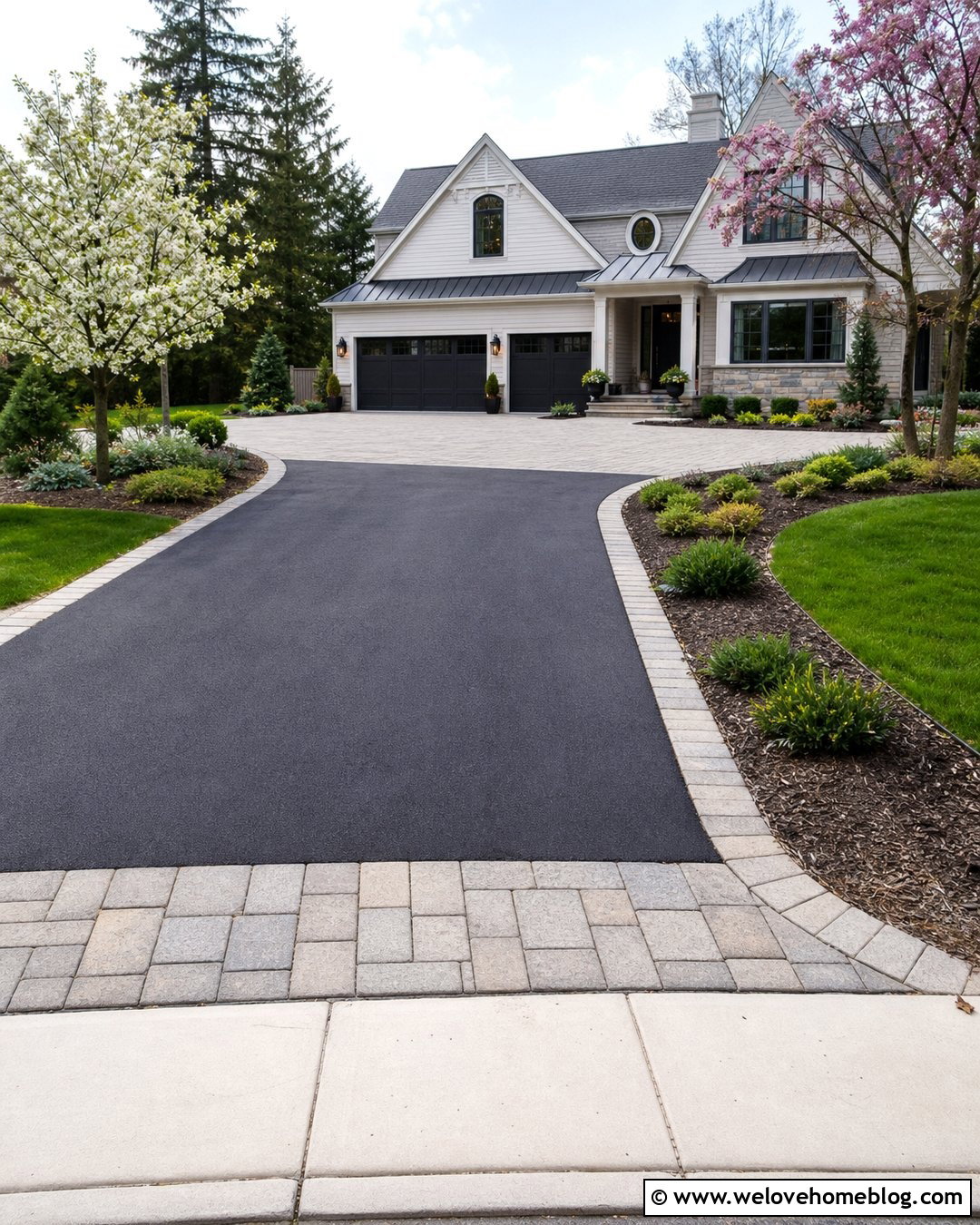 Asphalt Driveway With A Paver Parking Court - 35 Beautiful Driveways Ideas