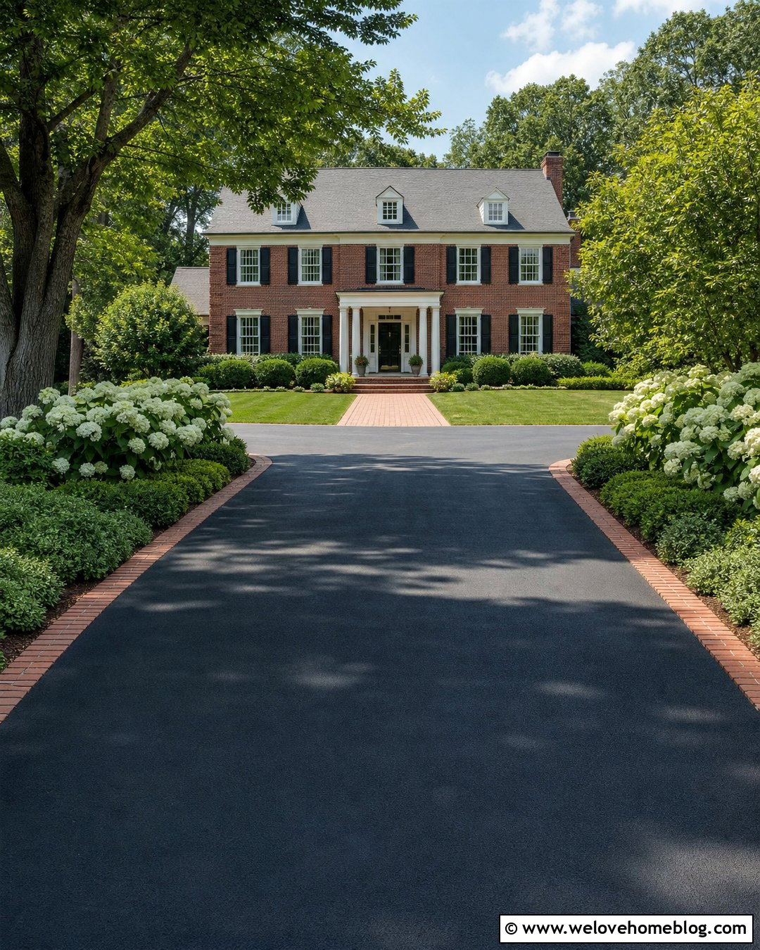 Asphalt Driveway With Brick Edging And Hydrangeas - 25 landscaping around driveway ideas