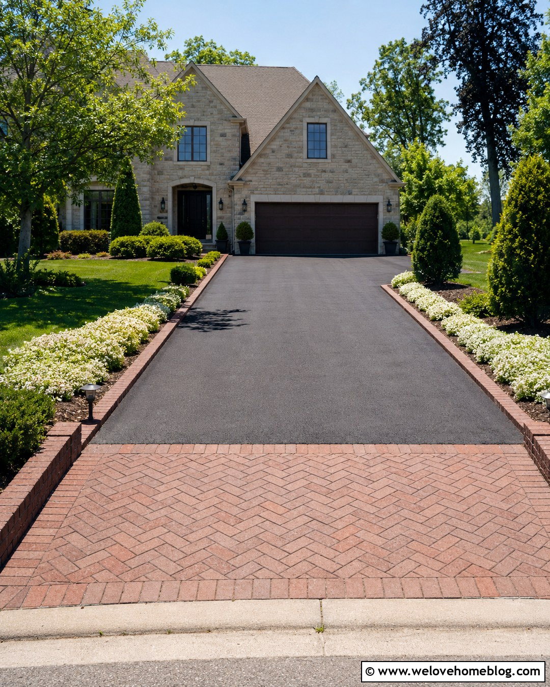 Asphalt Driveway With Brick Entrance Apron - 20 Easy Driveway Projects Ideas