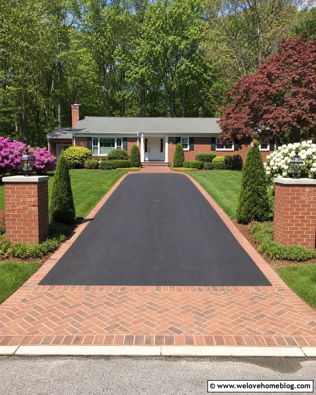 Asphalt Driveway With Brick Pillars - 40 Asphalt Driveway Ideas