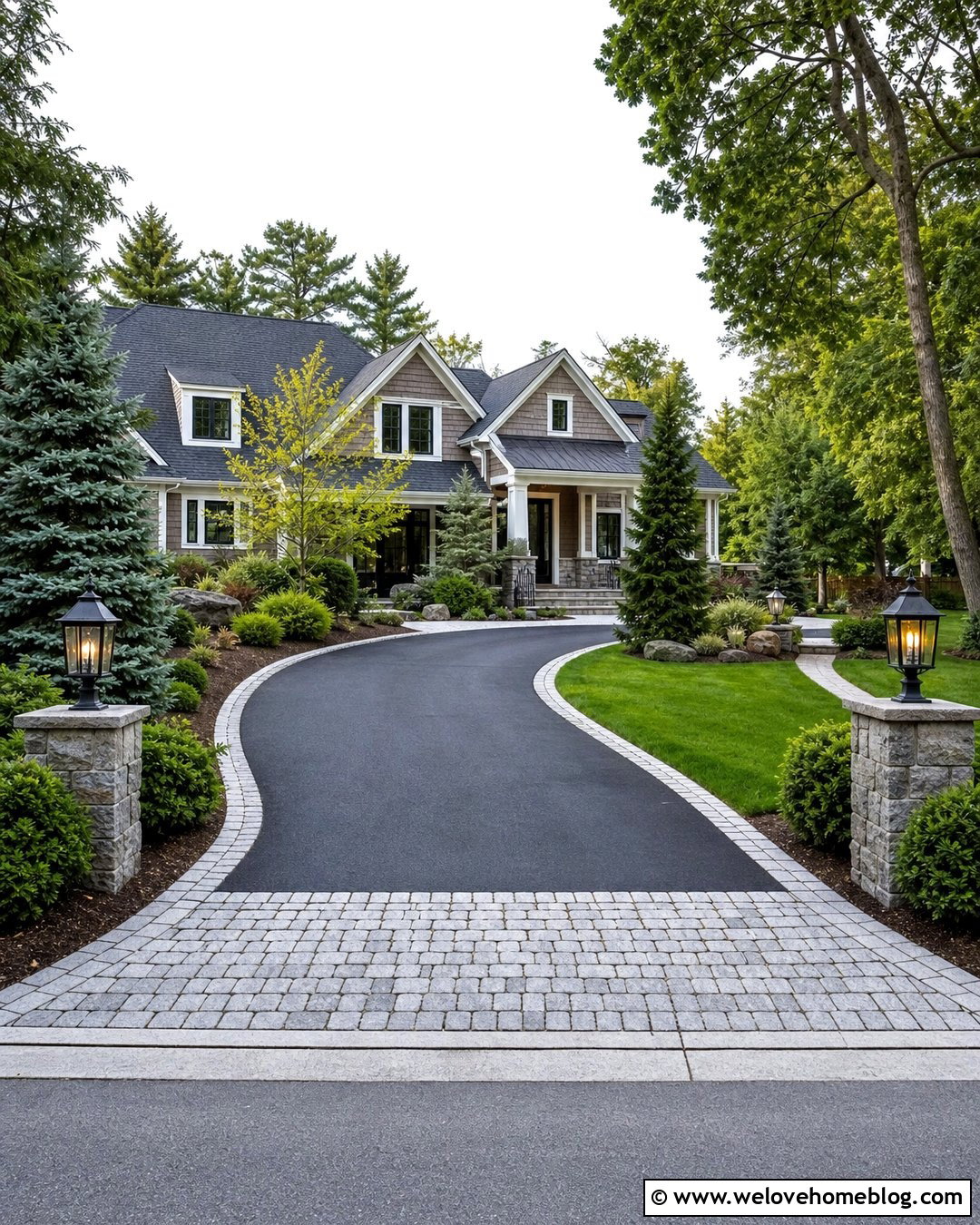 Asphalt Driveway With Cobblestone Edging And Lanterns - 25 driveway decor ideas