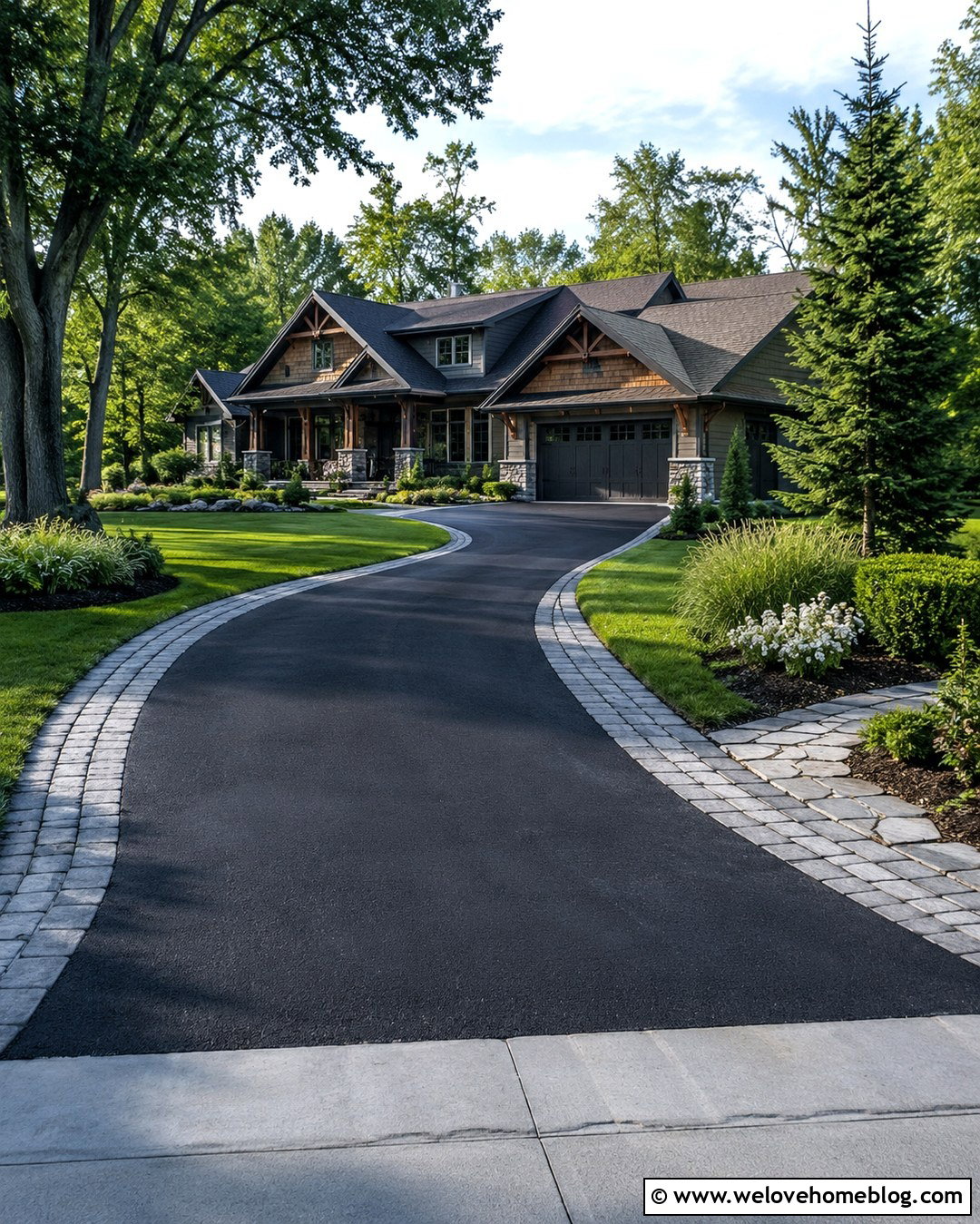 Asphalt Driveway With Cobblestone Pavers On Sides - 20 Driveway With Pavers On Side Ideas