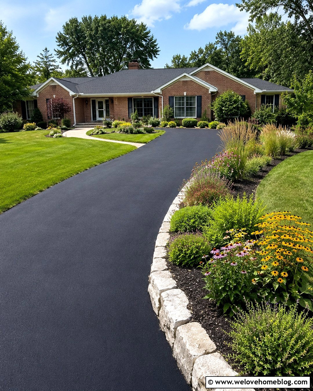 Asphalt Driveway With Curved Flower Bed - 20 side of driveway landscaping curb appeal ideas