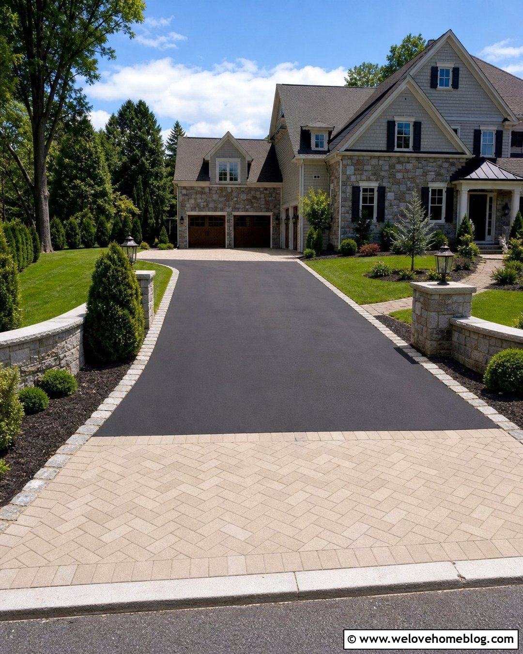 Asphalt Driveway With Light Paver Apron - 35 Beautiful Driveways Ideas