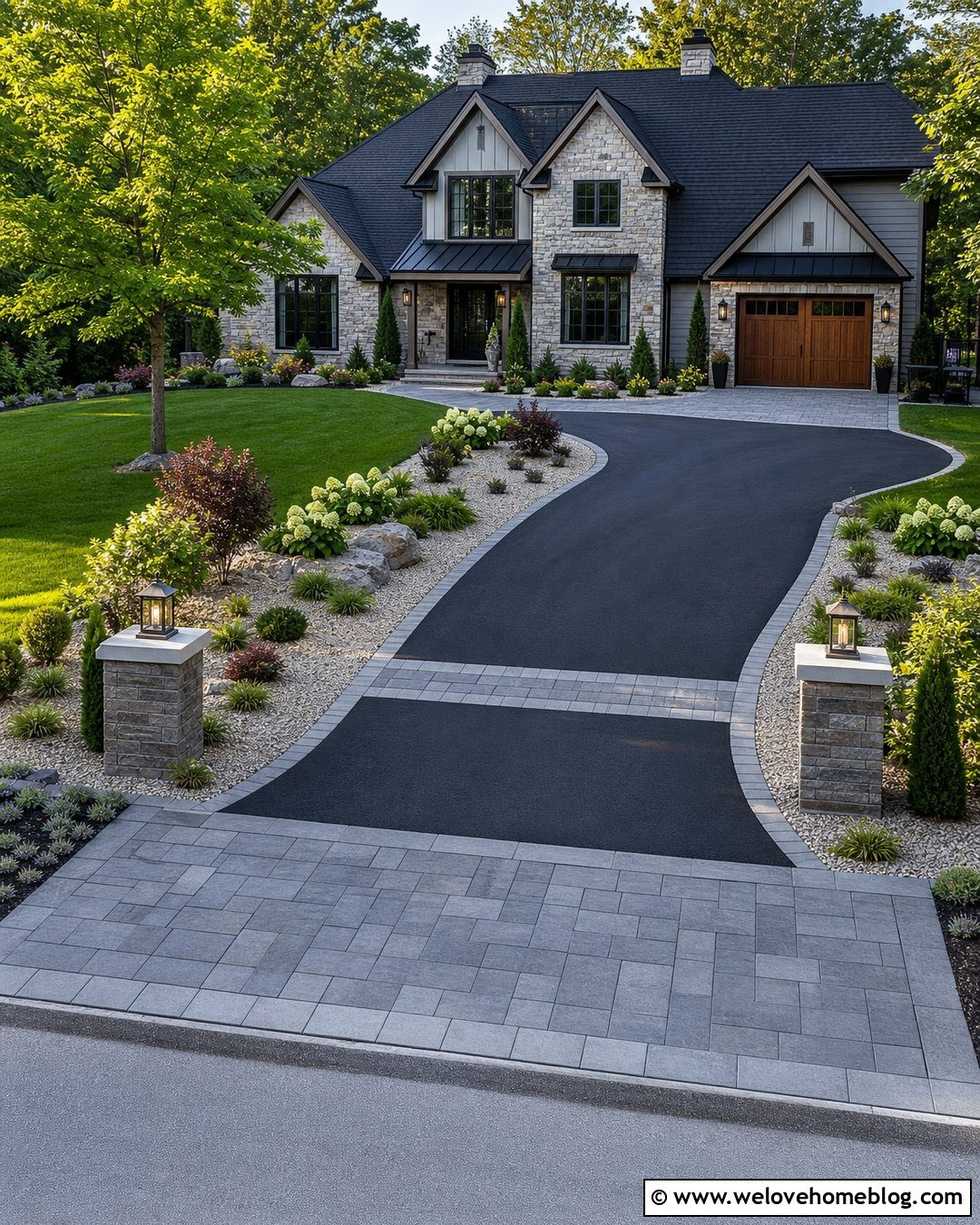 Asphalt Driveway With Mixed Material Entrance - 40 Asphalt Driveway Ideas