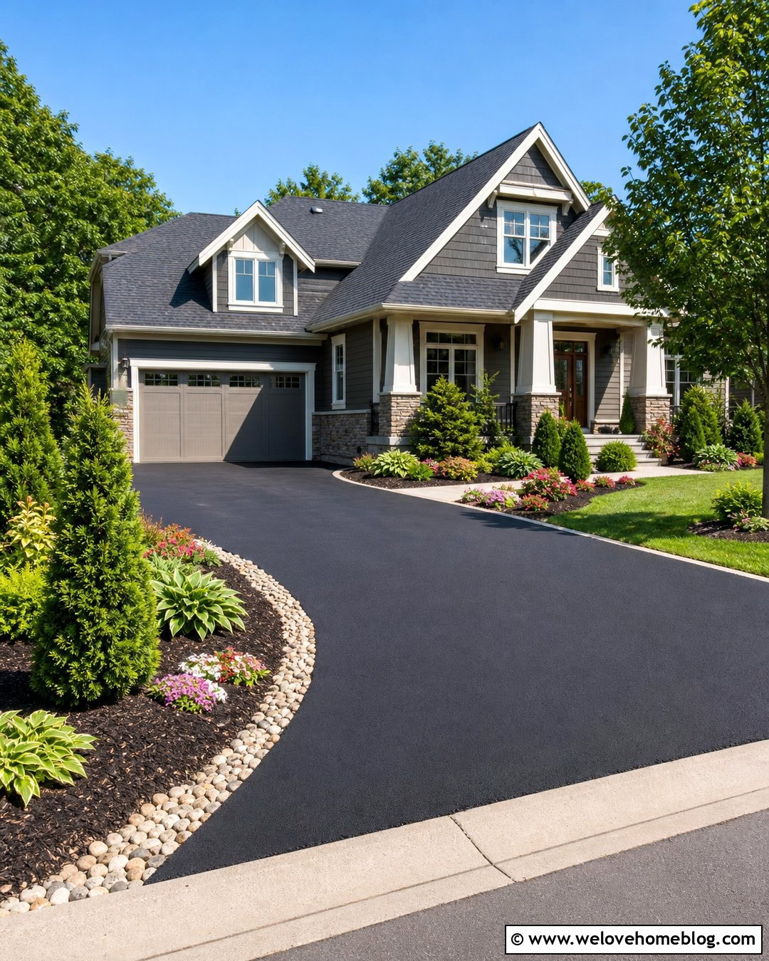 Asphalt Driveway With Mulched Shrub Borders - 40 driveway on a budget ideas