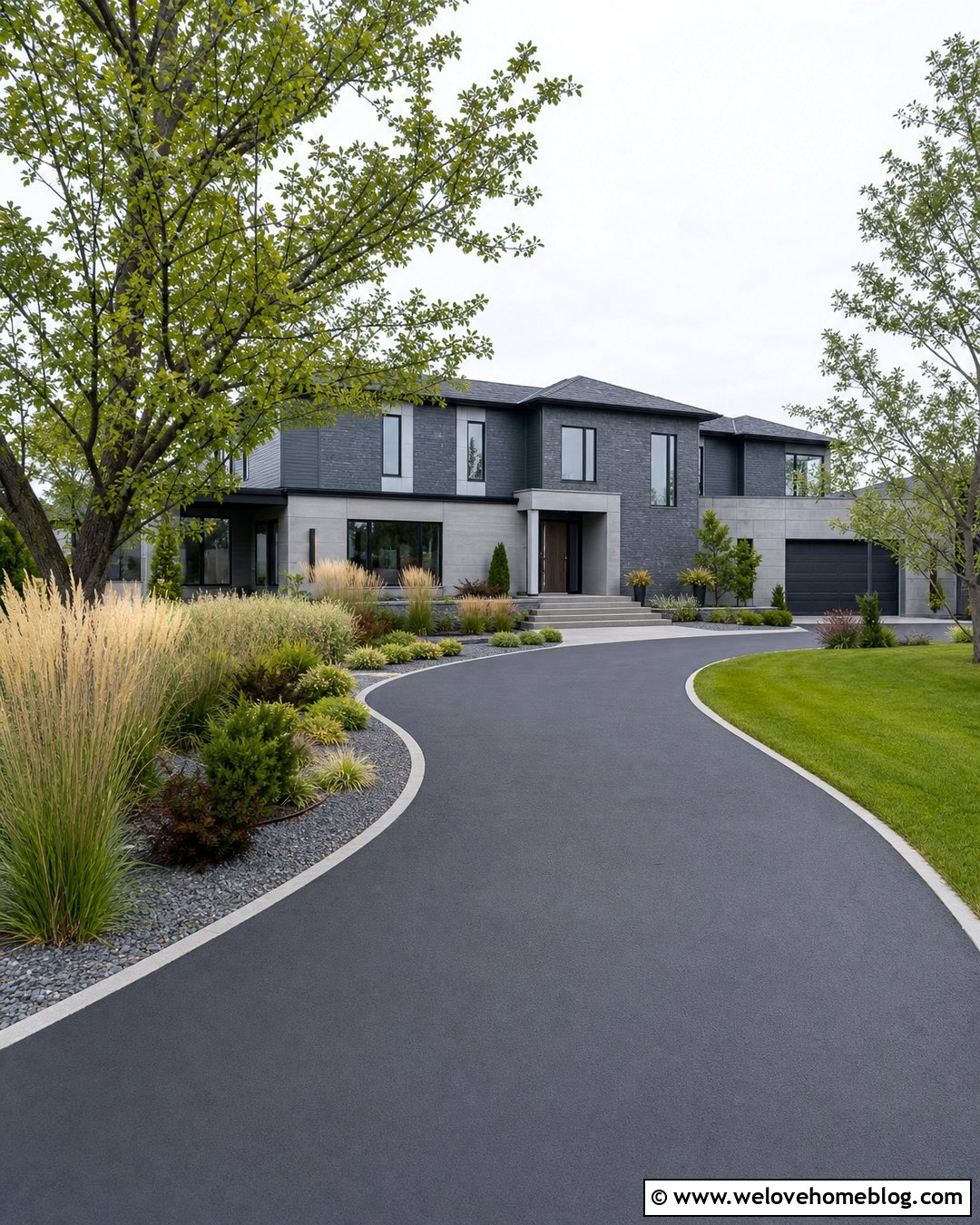 Asphalt Driveway With Ornamental Grasses - 40 Asphalt Driveway Ideas