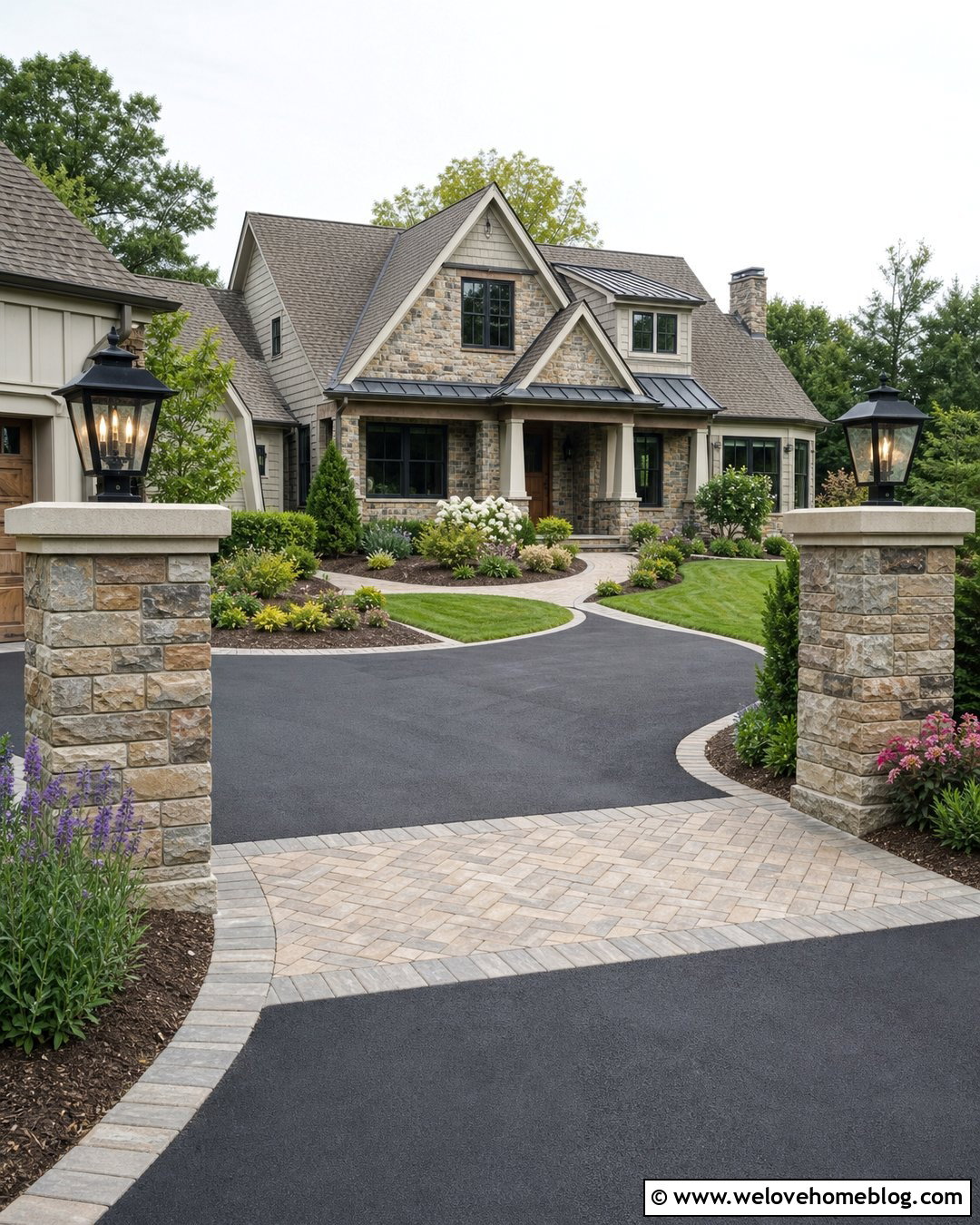Asphalt Driveway With Paver Apron And Stone Pillars - 20 Asphalt Driveway With Paver Apron Ideas