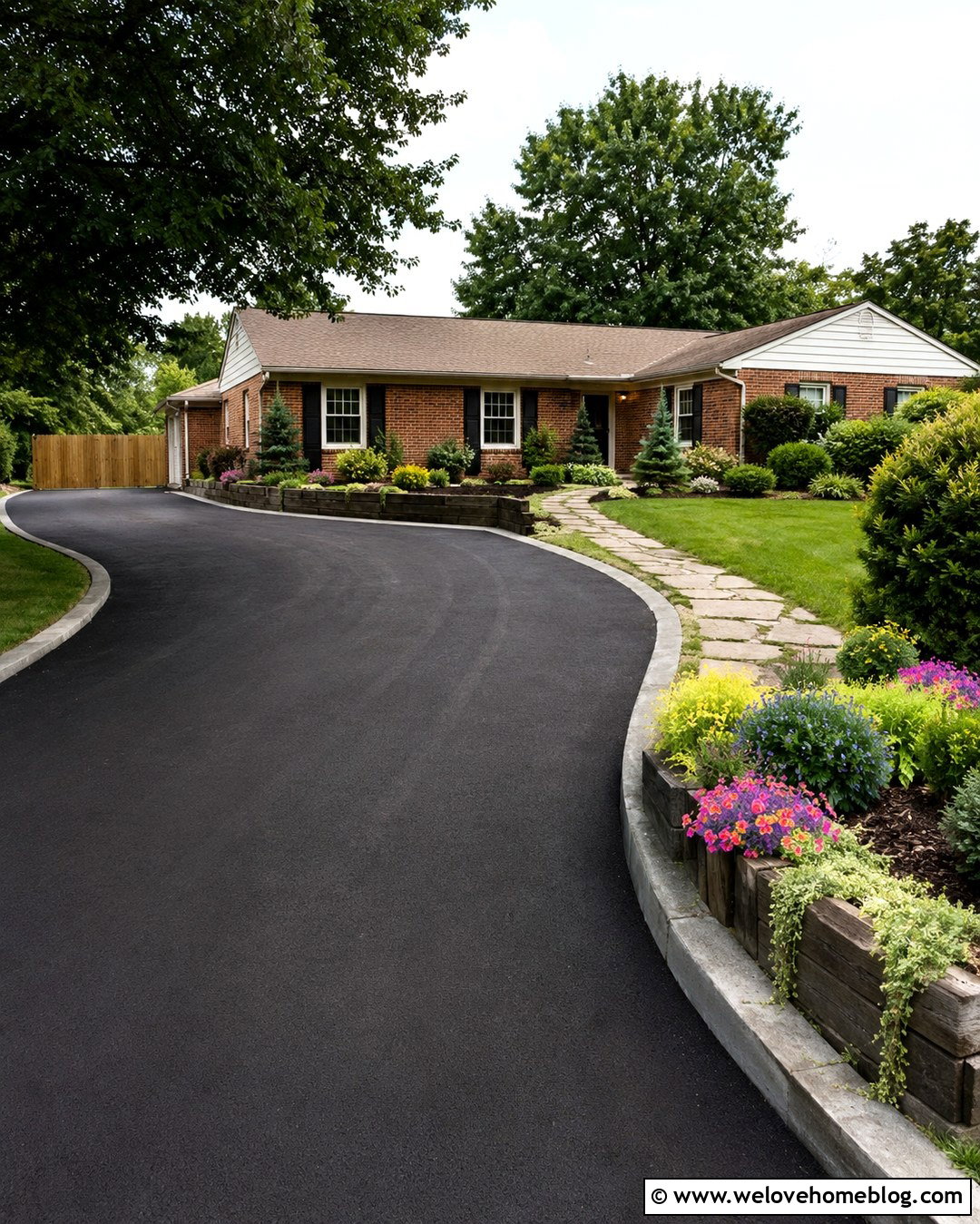 Asphalt Driveway With Raised Sleeper Planters - 20 Railway Sleeper Driveway Ideas