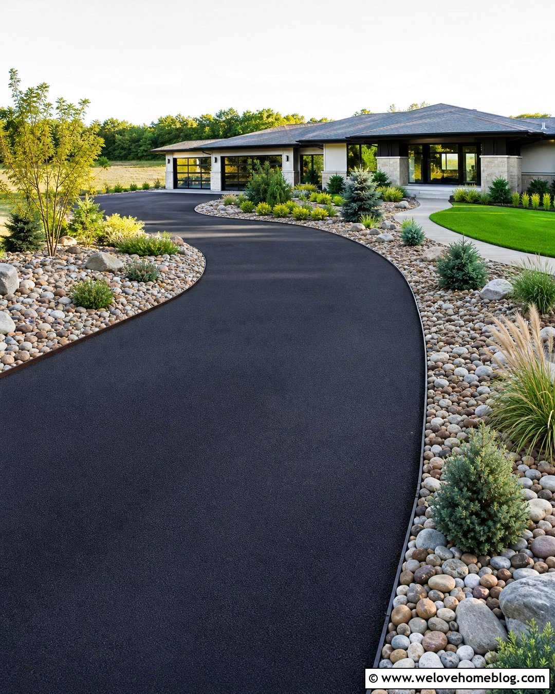 Asphalt Driveway With River Rock Landscaping