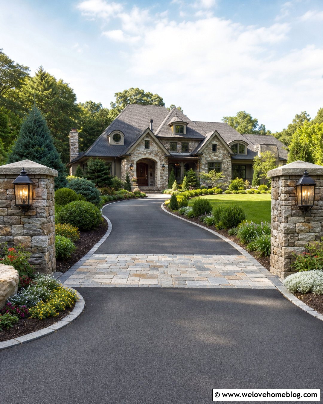 Asphalt Driveway With Stone Pillars - 40 Asphalt Driveway Ideas