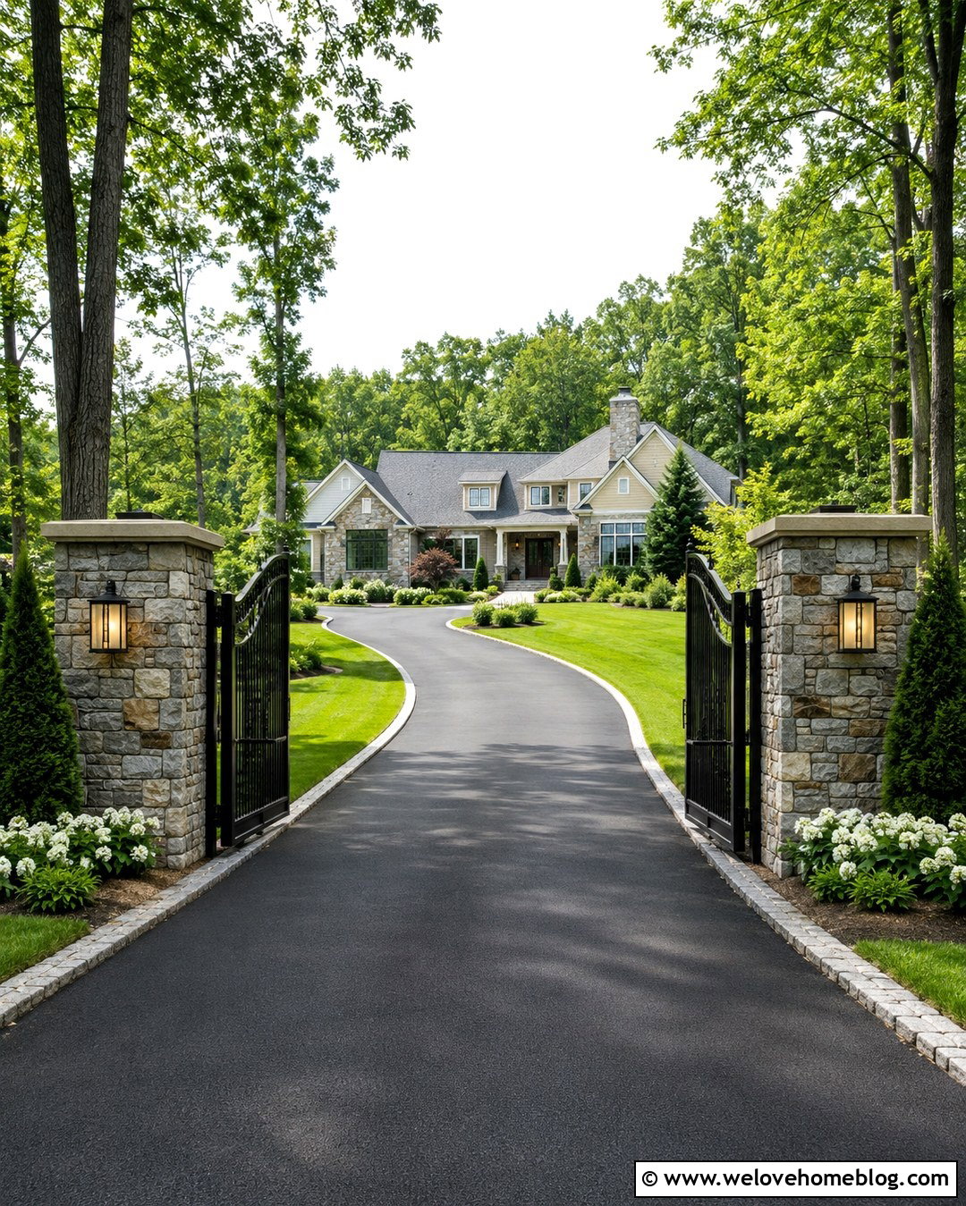 Asphalt Driveway With Stone Pillars And Gate - 20 Decorative Asphalt Driveway Designs Ideas