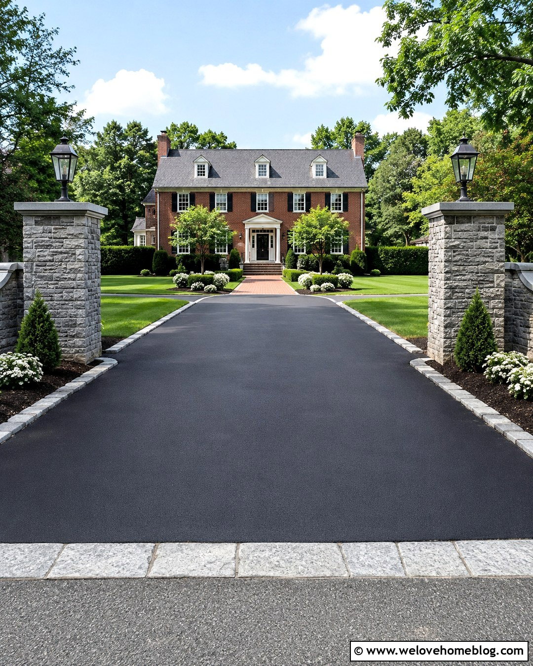 Asphalt Driveway With Stone Pillars - 20 Rock Entrance Driveway Ideas