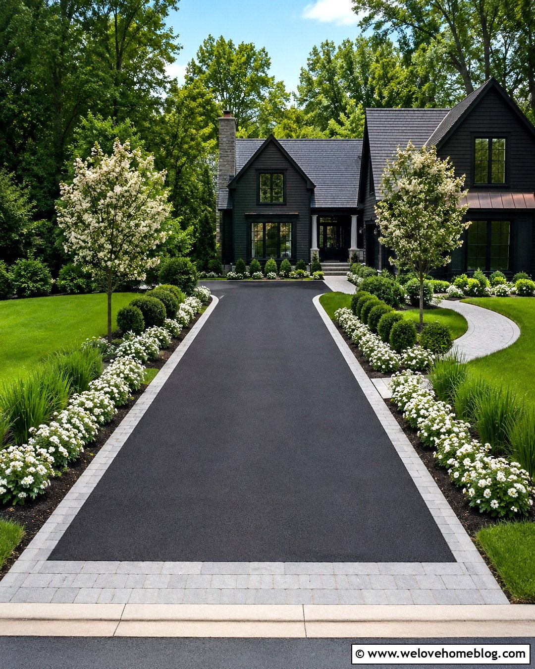 Asphalt Driveway With White Flowering Borders - 20 Sunlit Driveway Landscaping Ideas