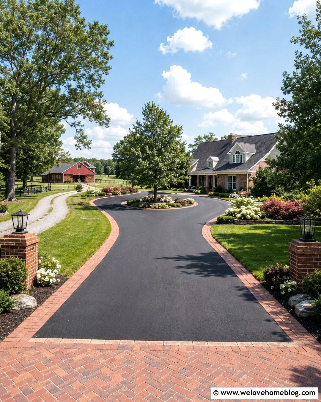 Asphalt Farm Driveway With Brick Borders - 20 Farm Driveways Ideas