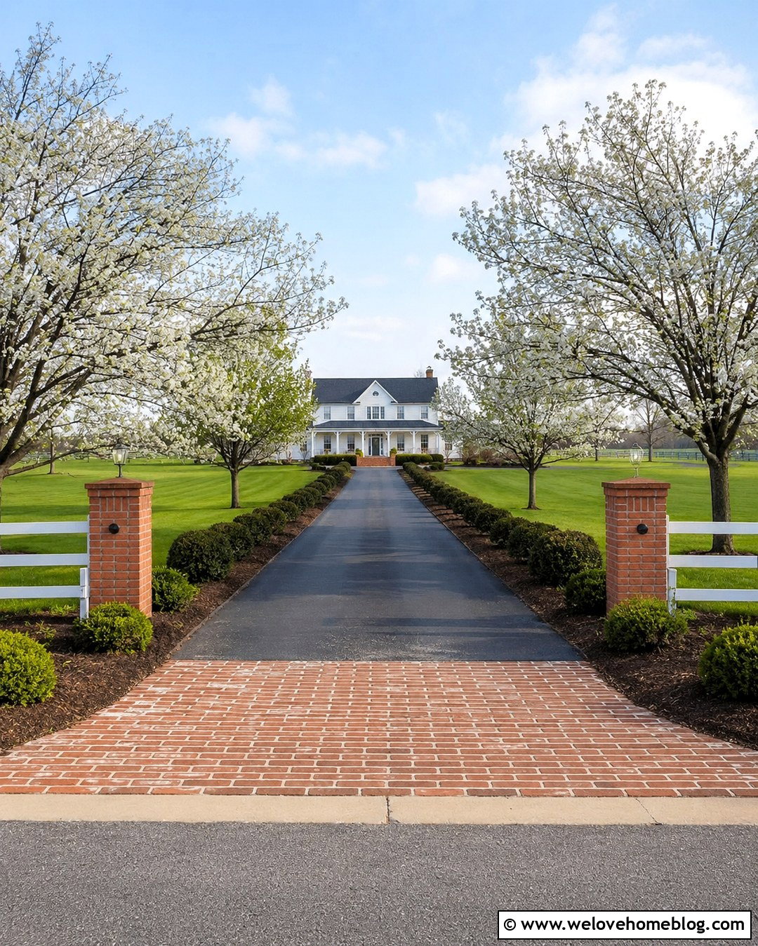 Asphalt Farmhouse Long Driveway With Brick Entrance - 20 Farmhouse Long Driveway Ideas