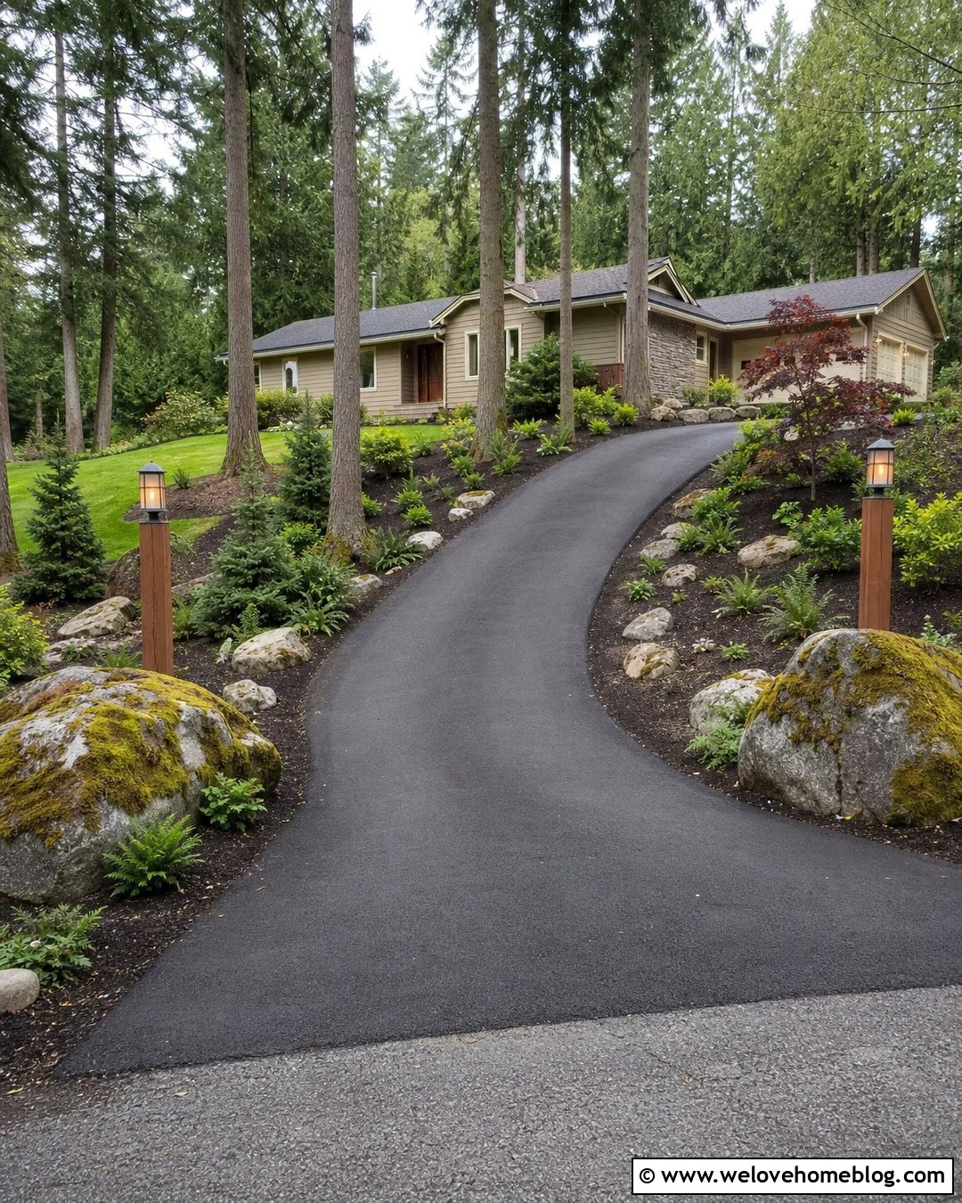 Asphalt Forest Driveway Entrance With Boulder Borders - 20 forest driveway entrance ideas