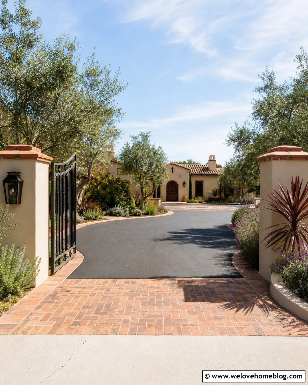 Asphalt Hacienda Driveway Entrance With Paver Apron - 20 Hacienda Driveway Entrance Ideas