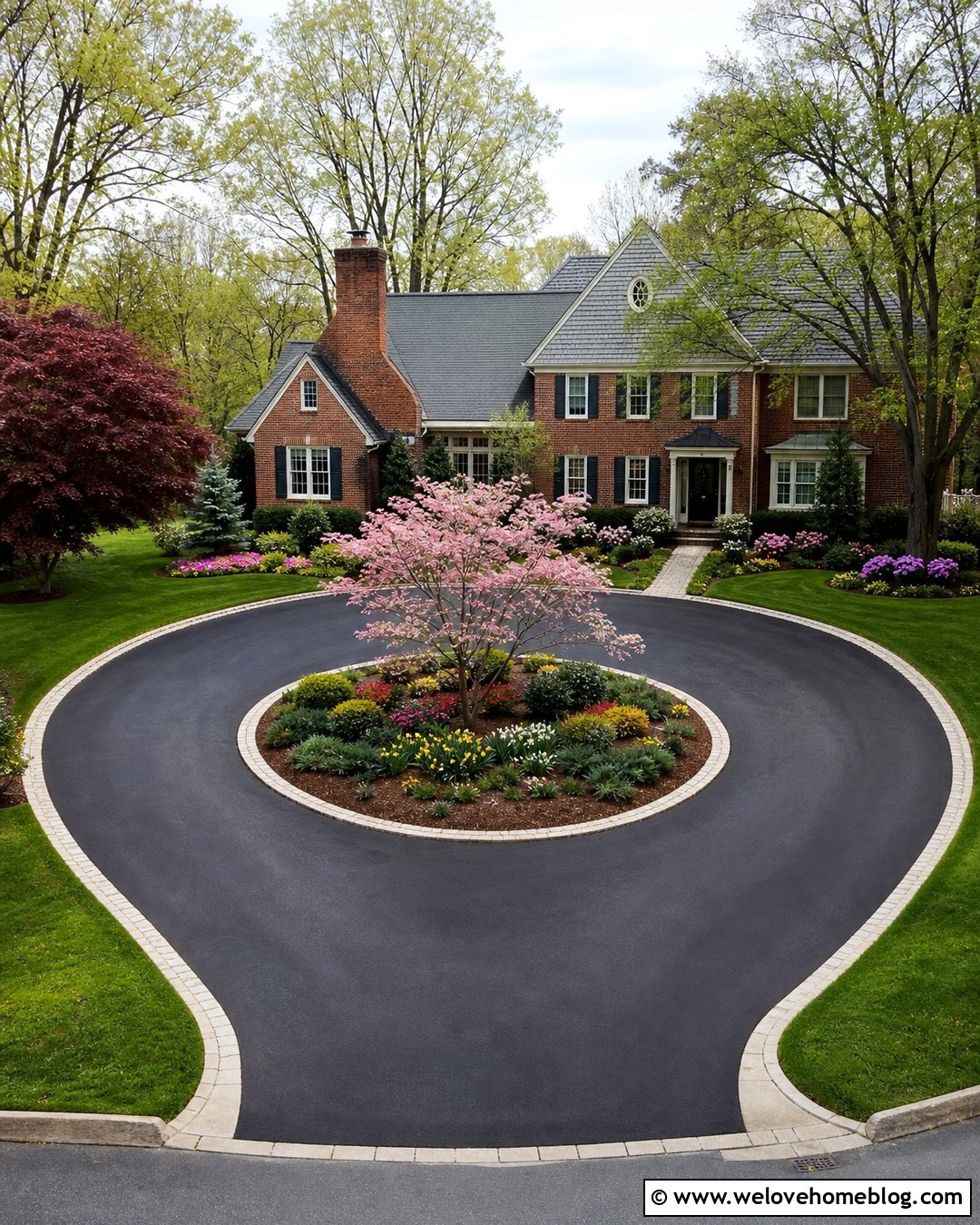 Asphalt Half Circle Driveway With A Flowering Tree Island - 40 half circle driveway landscaping ideas